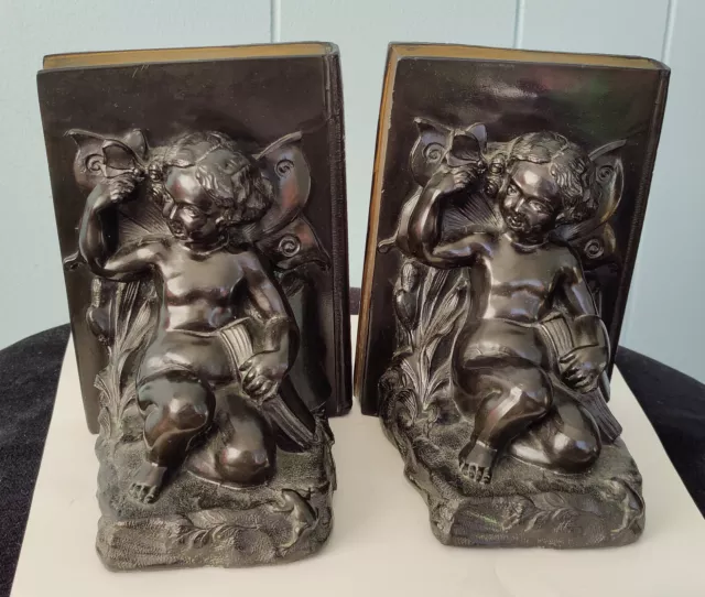 Pair Ronson Heavy Metal Cherub Bookends ~ Art Deco ~ c1924