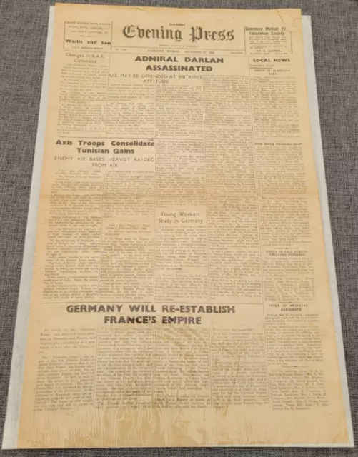 Guernsey Abendpresse 2. Weltkrieg Admiral Darlan Ermordet 23. Dez 1942 Zeitung