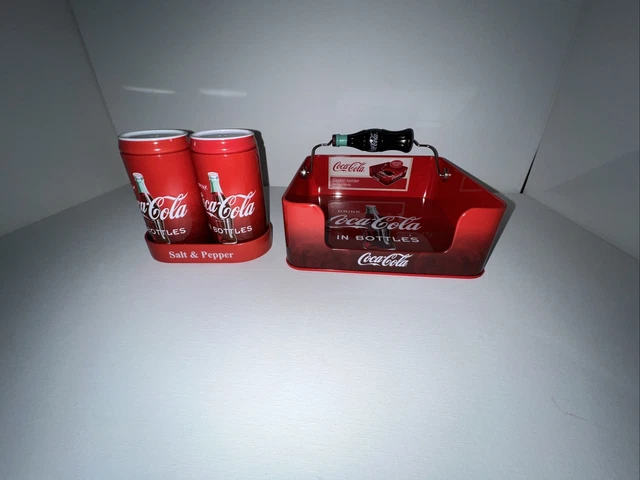 Coke Coca-Cola Salt and Pepper Shaker Set and Napkin Holder.  Excellent shape