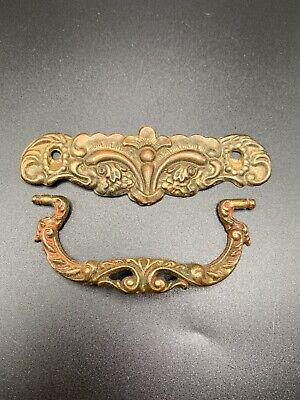 Antique pressed Brass ornate bail pull and back plate figural Victorian fish