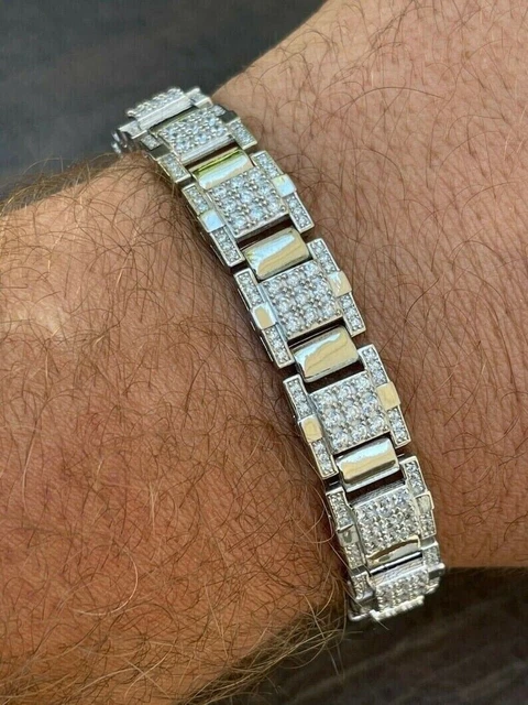 14K White Gold Round Simulated Diamond Men's Wedding Bracelet For Hens Wear Gift