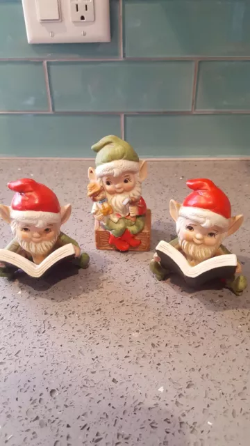 Vtg Homco Christmas Ceramic Elves Elf Set Lot 3 Figurines Decor Gnomes 5406 EUC!