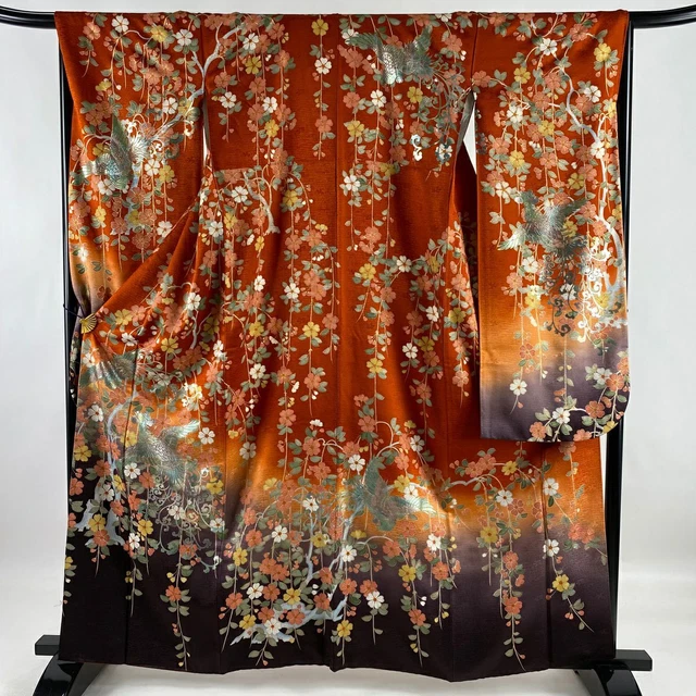 Japanese Silk Furisode Kimono L Size Red Brown Black Bird Weeping Flower