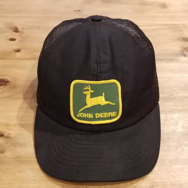 Vintage John Deere Hat Cap Black Big Patch Mesh Trucker Louisville MFG Made USA