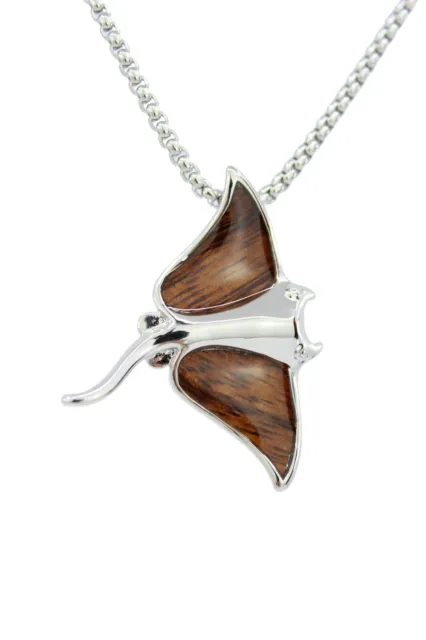 Hawaiian Manta Ray Pendant - Hawaii Koa Wood, Rhodium over Brass, 24" Necklace