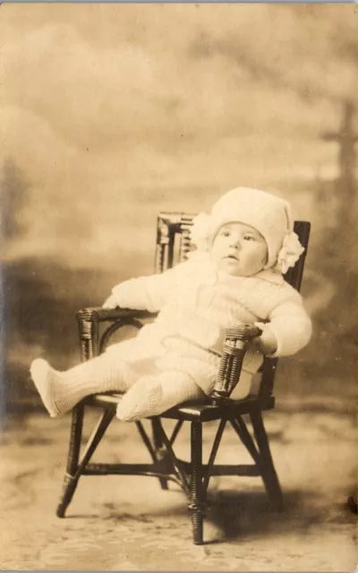 Vintage RPPC Photo Postcard Cute Little Baby Propped up in Chair Early 1900s