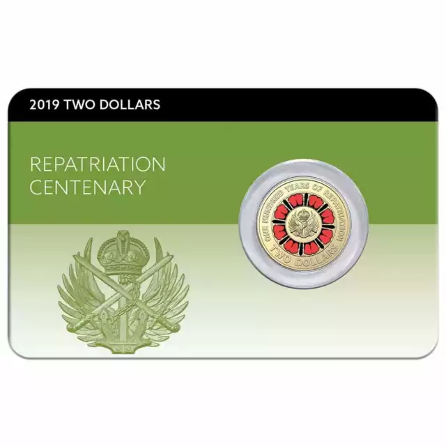 Australia 2019 . Two Dollar . Coloured Coin . Carded Repatriation Centenary