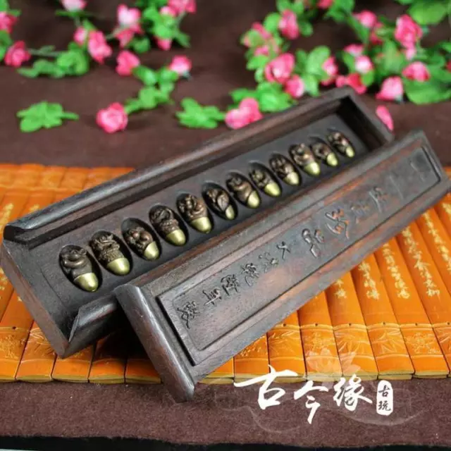 7cm Bronze Antique Chinese Zodiac A Set of Wooden Box Home Decoration Ornaments