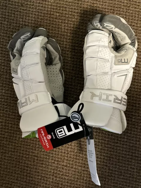 Maverik M6 Lacrosse Gloves 12" (MED) White *BRAND NEW W/TAGS + Free Ship*