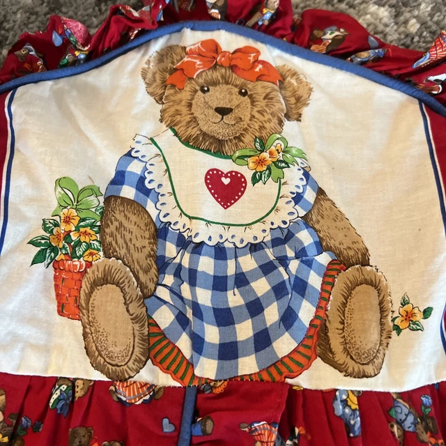 Red w teddy bear hanging ruffled diaper holder vintage euc