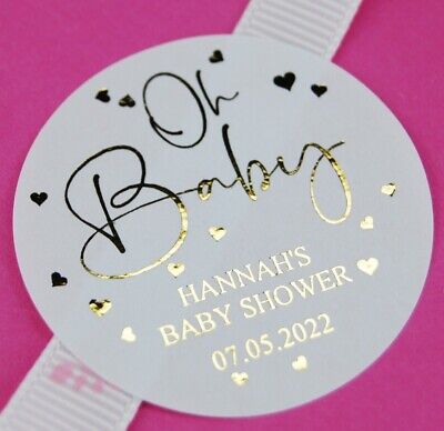 Personalised 'OH BABY' Baby Shower Favour Stickers, Gold, Pink, Blue Foil.