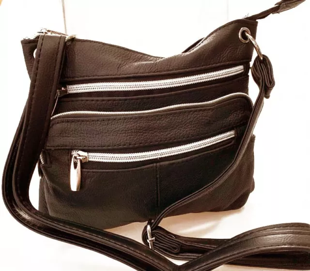 New Dark Brown Leather Crossbody Messenger Bag Purse 4 Pockets, Adjustable Strap