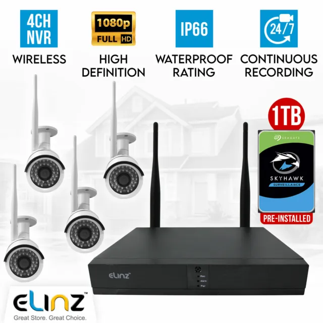 4CH Wireless Security CCTV 4x Camera 1080P 2MP IP WiFi NVR Outdoor 1TB H265