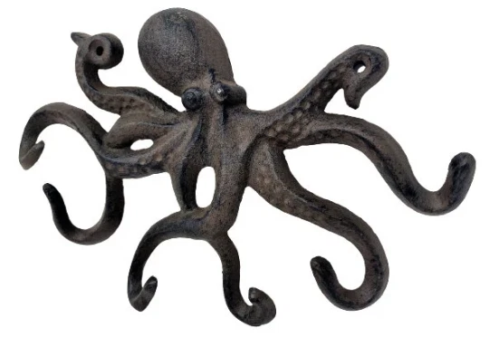 Unique Funky Cast Iron 9.75" Rustic Brown Octopus Coat Hat Key Purse Bag 6 Hook 2