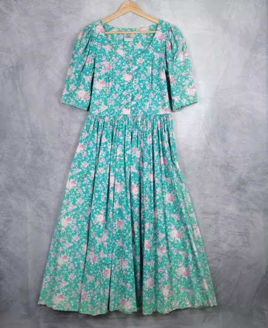 Vntg Laura Ashley Maxi Dress Womens 10 Teal Floral Puff Sleeve Garden Tea Party