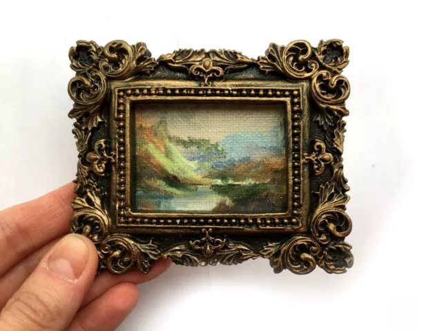 Gold Framed Tiny Oil Painting Landscape Antique Style Hand Painted SIGNED
