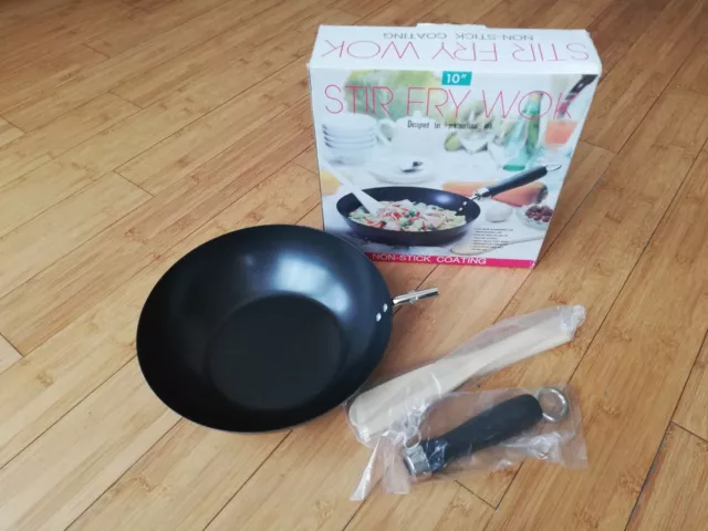 Recubrimiento antiadherente de acero Stir Fry Wok de 10" + utensilios de cuchara espátula