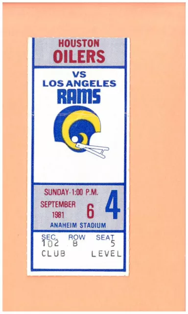Jim Collins 1st NFL game 1981 ticket Los Angeles Rams vs Houston Oilers Syracuse