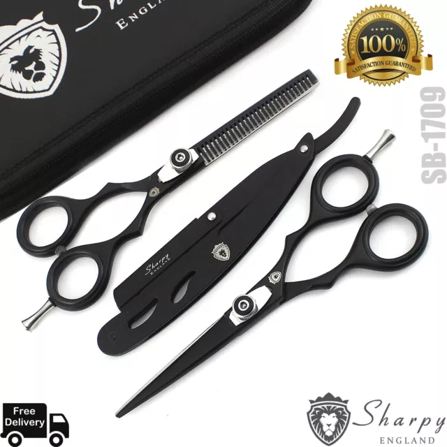 14cm Sharpy Negro Peluquería Tijeras de Barbero Con Negro Cuchilla & Funda Set