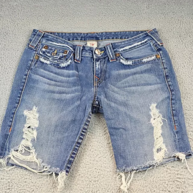 True Religion Womens 31 Cut Off Shorts Joey  Blue Denim Distressed Y2k 90s