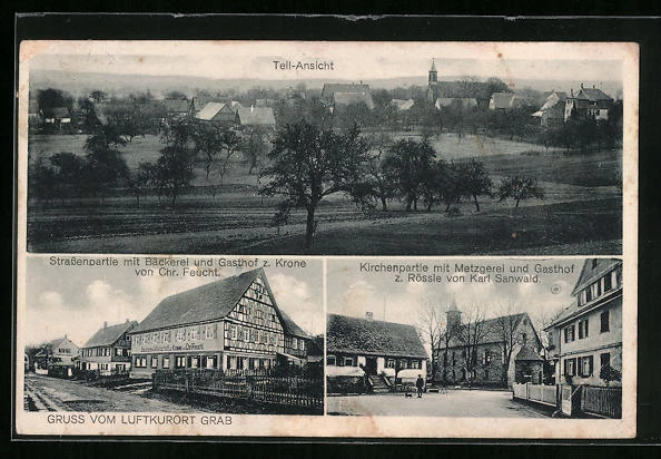AK Grab, Straßenpartie mit Gasthof z. Krone, Kirche mit Gasthof z. Rössle, Tota