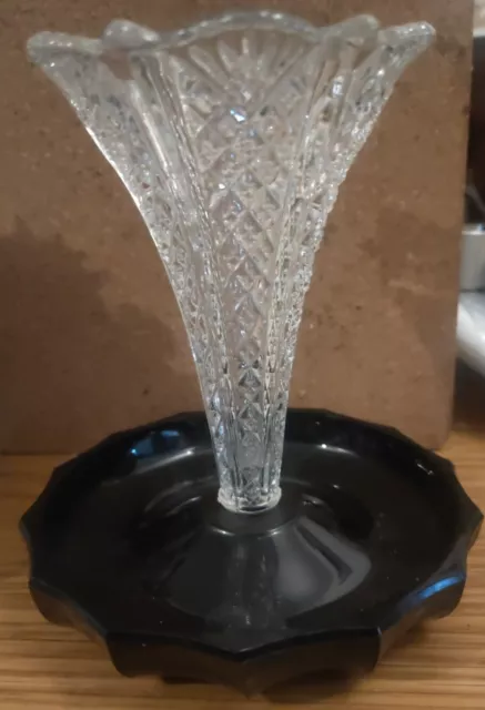 Art Nouveau  Cut Glass Vase/Single Epergne With Black Glass Base Stunning