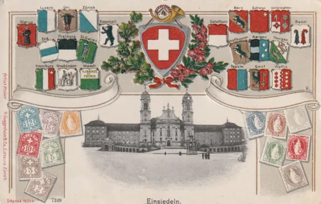 AK.-Schweiz-Einsiedeln-Wappen-Briefmarken-Prägedruckkarte-1911