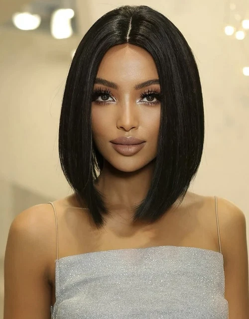 Perruque Courte Synthétique Noire Lisse Avec Frange - 35cm + 4 Bonnets Inclus