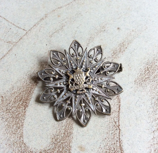 Broche Ancienne Filigrane Blason Armoiries - Vintage, Fermoir Pompe, Argenté, Dans Son Jus