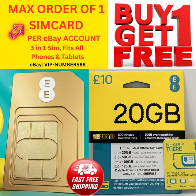 EE Sim Card Pay As You Go £30 Pack 125GB Data Unlimited SMS Mini Micro&Nano PAYG