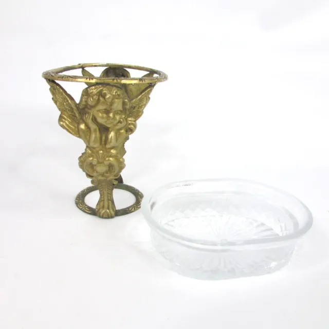 Vintage Oval Glass Soap Dish Brass Stand Cherubs Angels Vanity Trinket Victorian