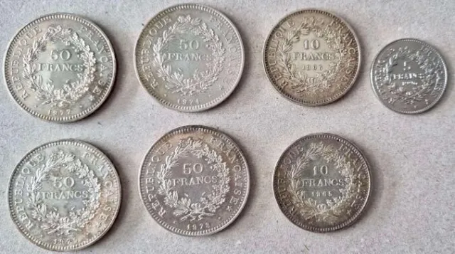 Lot de pièces Hercule en argent, 50 francs 10 francs et 5 francs