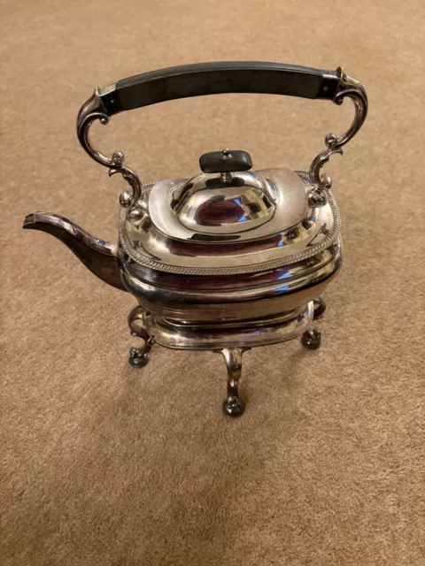 Silver Plated Spirit Kettle on 4 footed stand, With working hinged lid