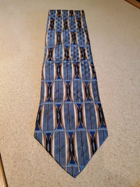 Zylos Neck Tie George Machado Made in USA 100% Silk Blue Yellow Brown Geometric