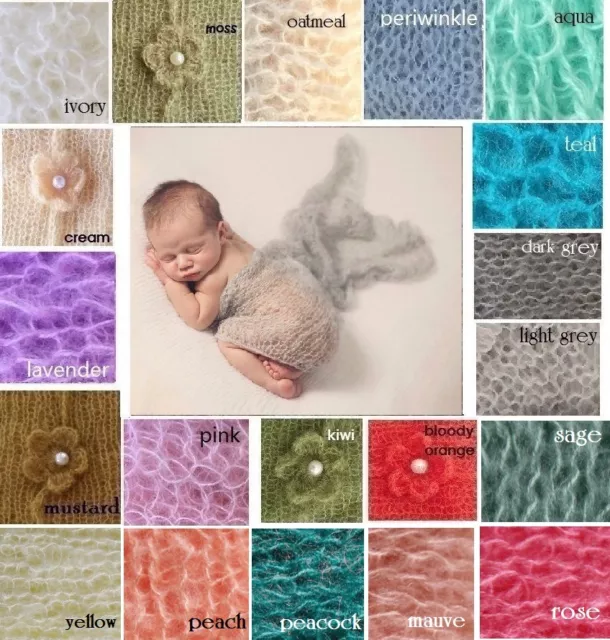 ** Mohair & Wool stretch knit wrap newborn photo prop baby blanket  Hand Knit