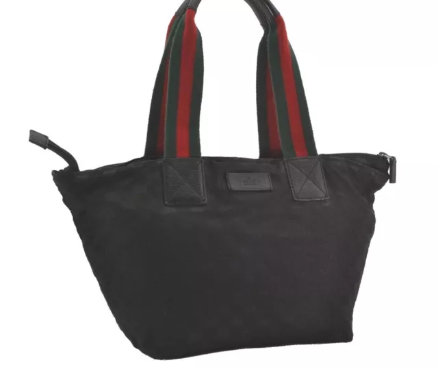 Authentic GUCCI Web Sherry Line Tote Bag GG Nylon Leather 131230 Black 8547I