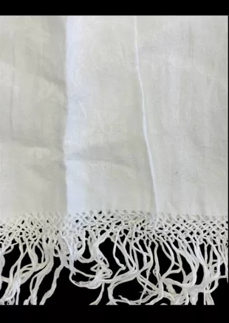Antique White Irish White Linen Monogram M Towel w Hand Knitted Fringe, 22”X40”