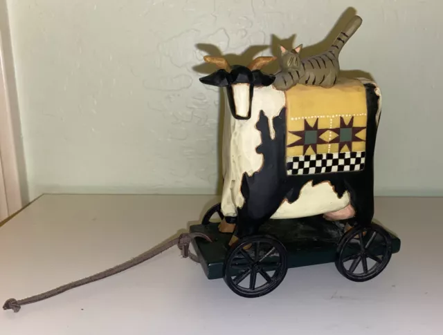 Pull Toy WILLIRAYE STUDIOS WW1403 Cow Cat 1996 Retired Folk Art Farmhouse Decor