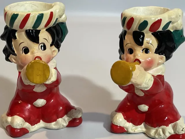 Set of 2 Vintage Lefton #7048 Christmas Choir Boy Figurine Candle Holder