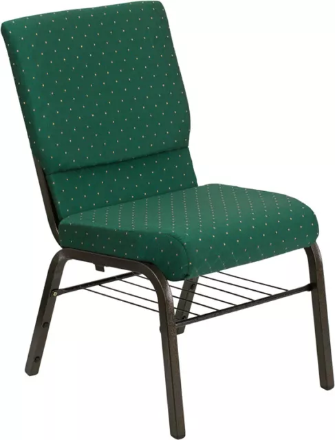 10 PACK 18.5'' Wide Green Patterned Fabric Church Chair w/Book Rack & Gold Frame