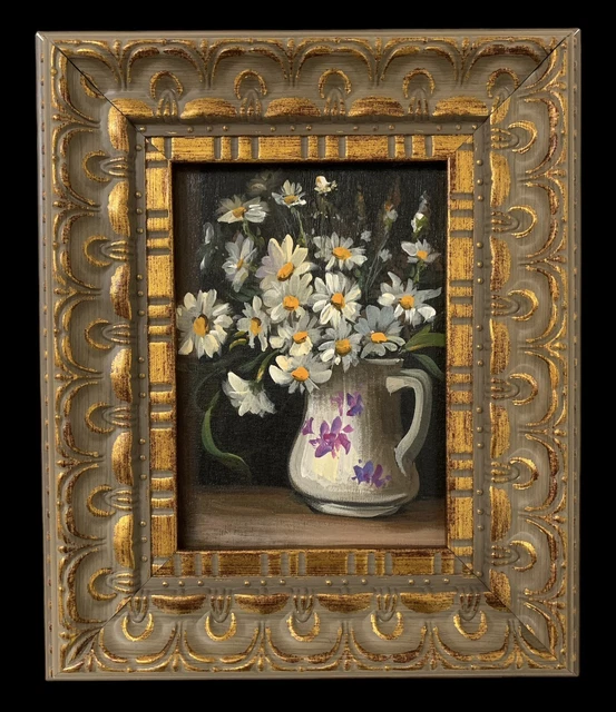 Original Miniature Oil Painting Antique Style Flowers With Ornate Gold