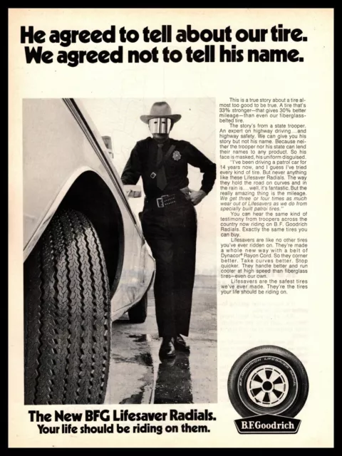 1970 B.F. Goodrich Lifesaver Radial Tires State Trooper In Mask Vintage Print Ad