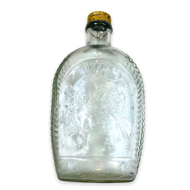 Log Cabin Syrup Bicentennial 1776 Clear Glass Bottle Embossed w/ Soldier Image