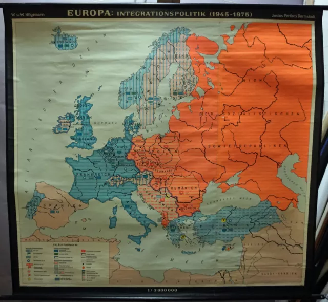 Vintage Mural Rollable Map Europe Integration Policy 1945-1975 Wall Chart