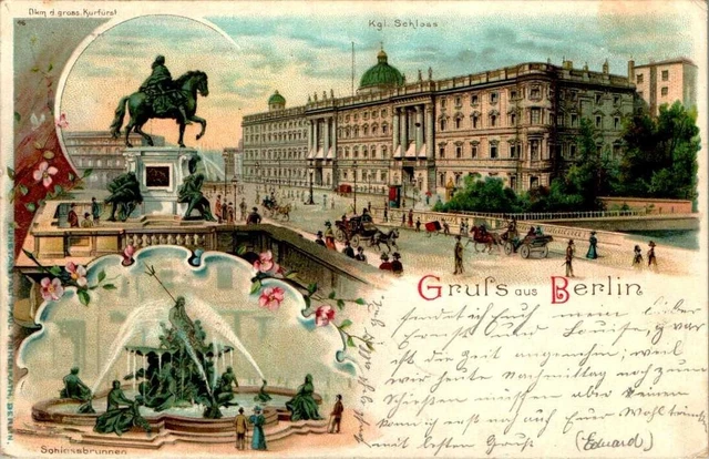 LITHO GRUß AUS BERLIN KGL SCHLOSS + DENKMAL + SCHLOSSBRUNNEN 3 BILD COL. 1899