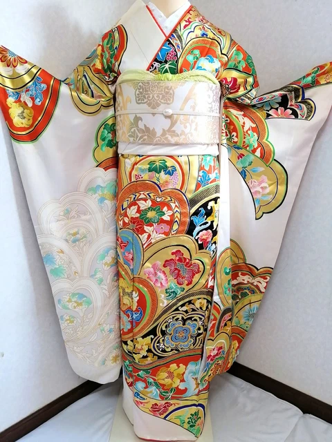 Japanese Kimono Silk FURISODE Floral Gold leaf Embroidery White kimono only 5