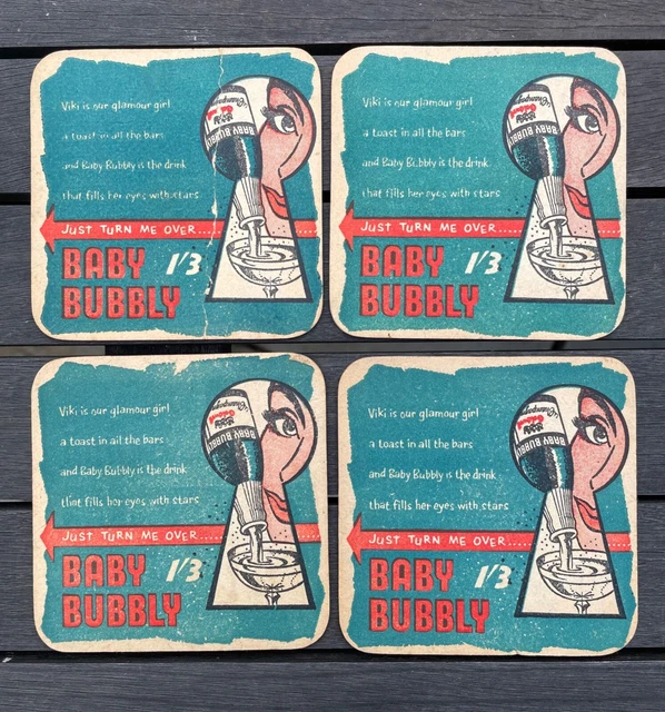 VINTAGE BABY BUBBLY beer mats x 4 with spelling mistake Vicki / Viki