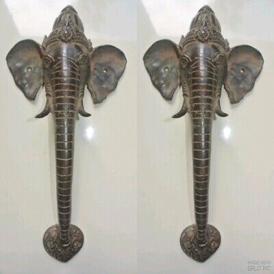 2 Ganesha Elephant DOOR pair pull handle 12" long solid BRASS trunk tusks aged B