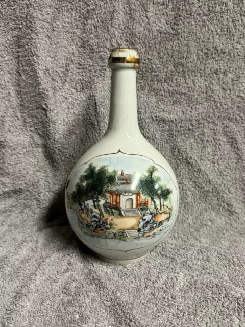 Vintage  Rare Old Chinese Porcelain EMPTY Wine Bottle Decanter w/  Landscape