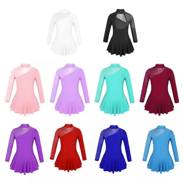 Girls Long Sleeve Mock Neck Figure Ice Roller Skating Dress Dance Wear Costumes